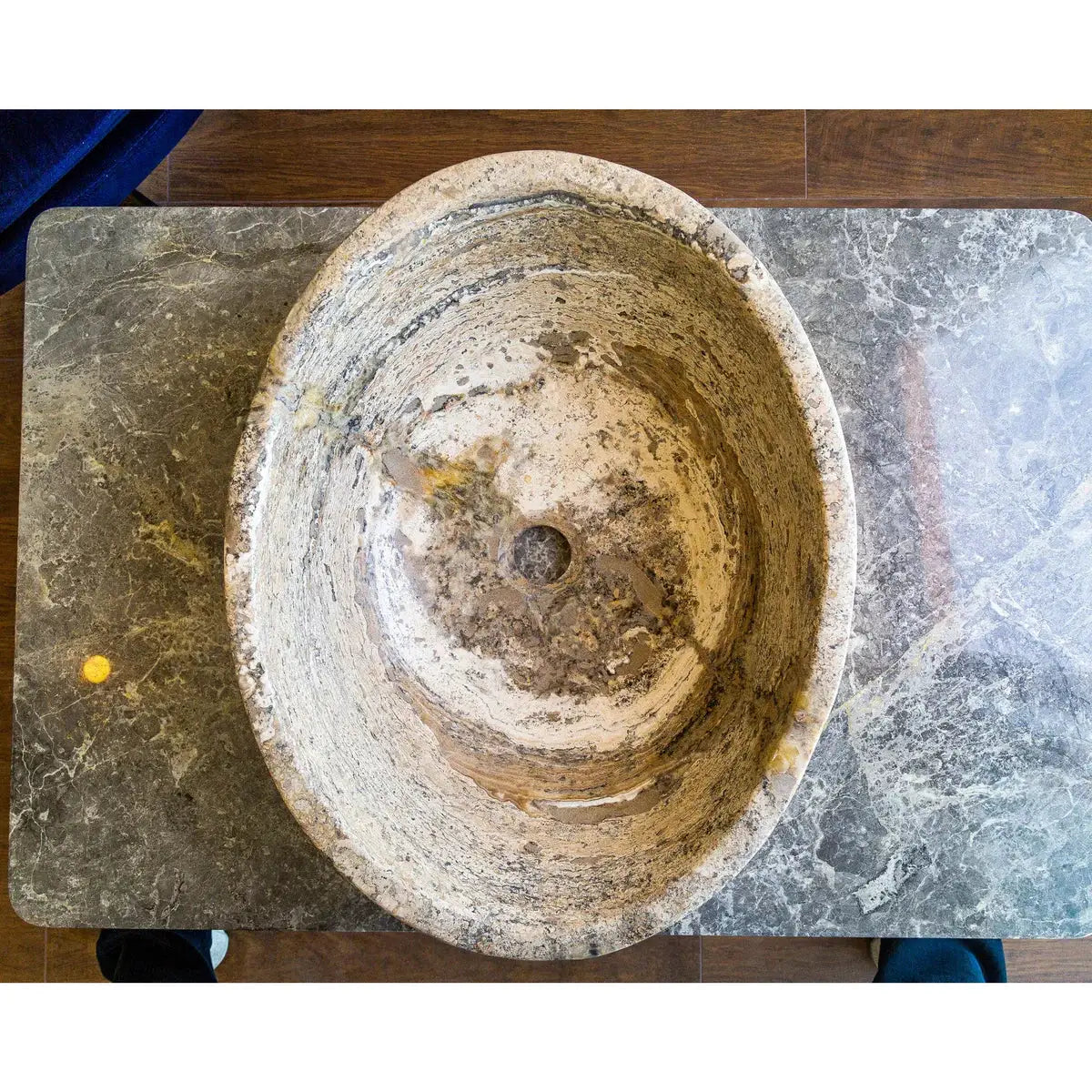 Valencia Travertine oval vessel sink, natural stone for above-vanity bathroom use