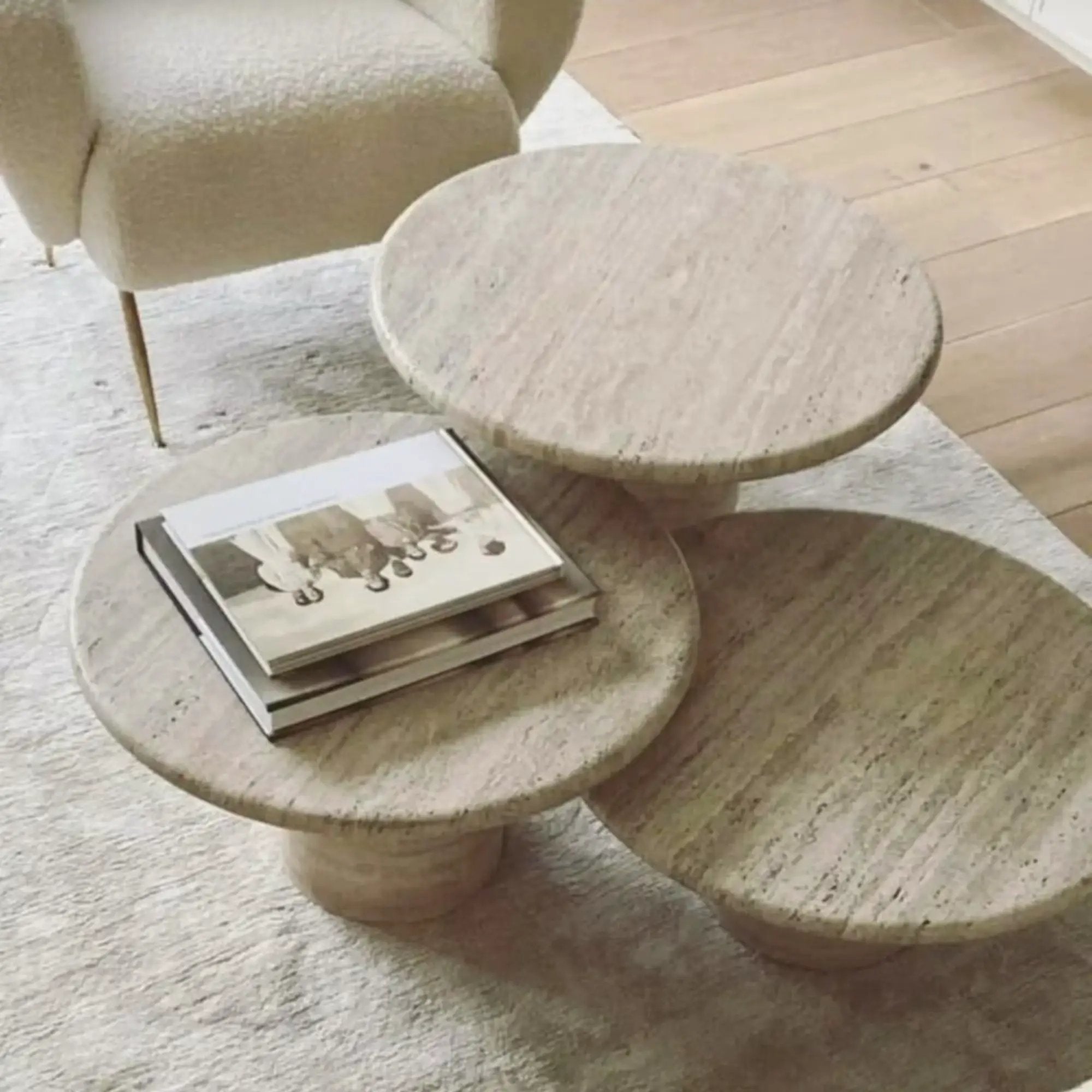 Valencia Travertine round coffee tables set of 3 in polished beige vein-cut stone by Villohome