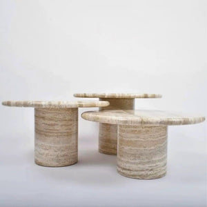 Valencia Travertine coffee tables set of 3; round vein-cut polished stone by Villohome