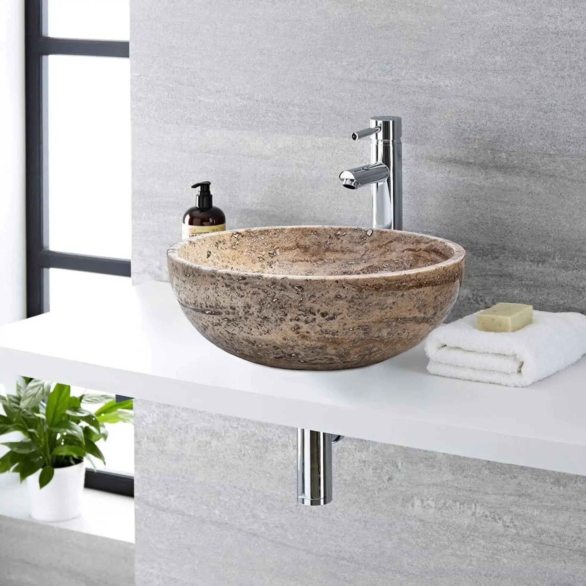 Villohome Valencia beige travertine vessel sink, 16-inch diameter, above-counter bathroom sink with chrome faucet.