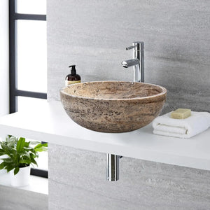 Villohome Valencia beige travertine vessel sink, 16-inch diameter, above-counter bathroom sink with chrome faucet.