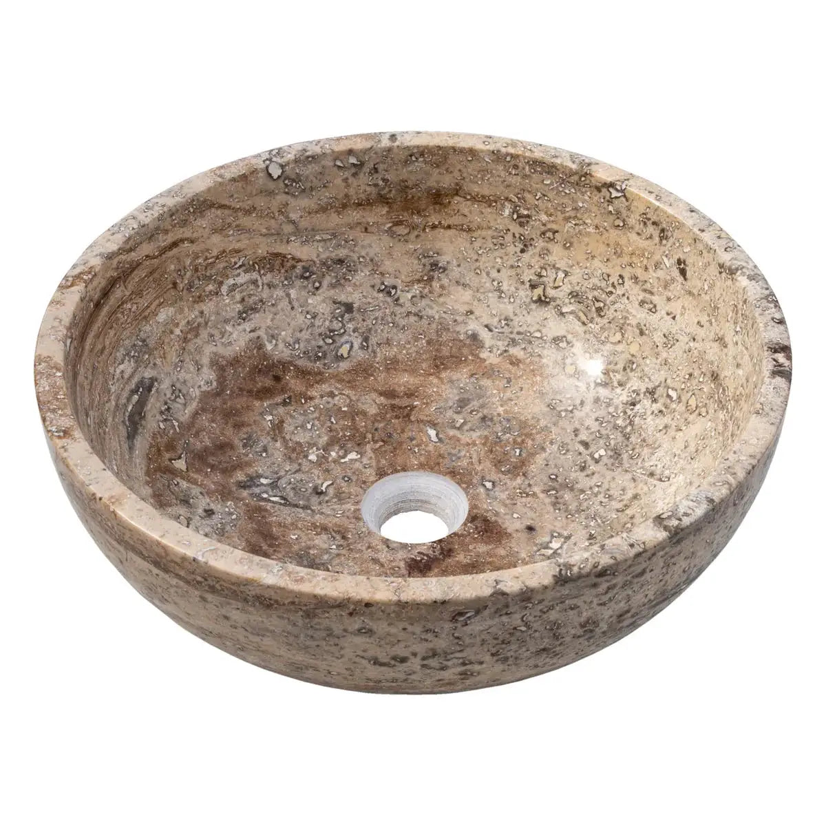 Valencia Beige Travertine vessel sink by Villohome, round natural stone basin, 16in dia x 6in high