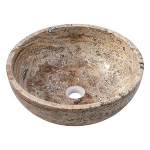 Valencia Beige Travertine vessel sink by Villohome, round natural stone basin, 16in dia x 6in high