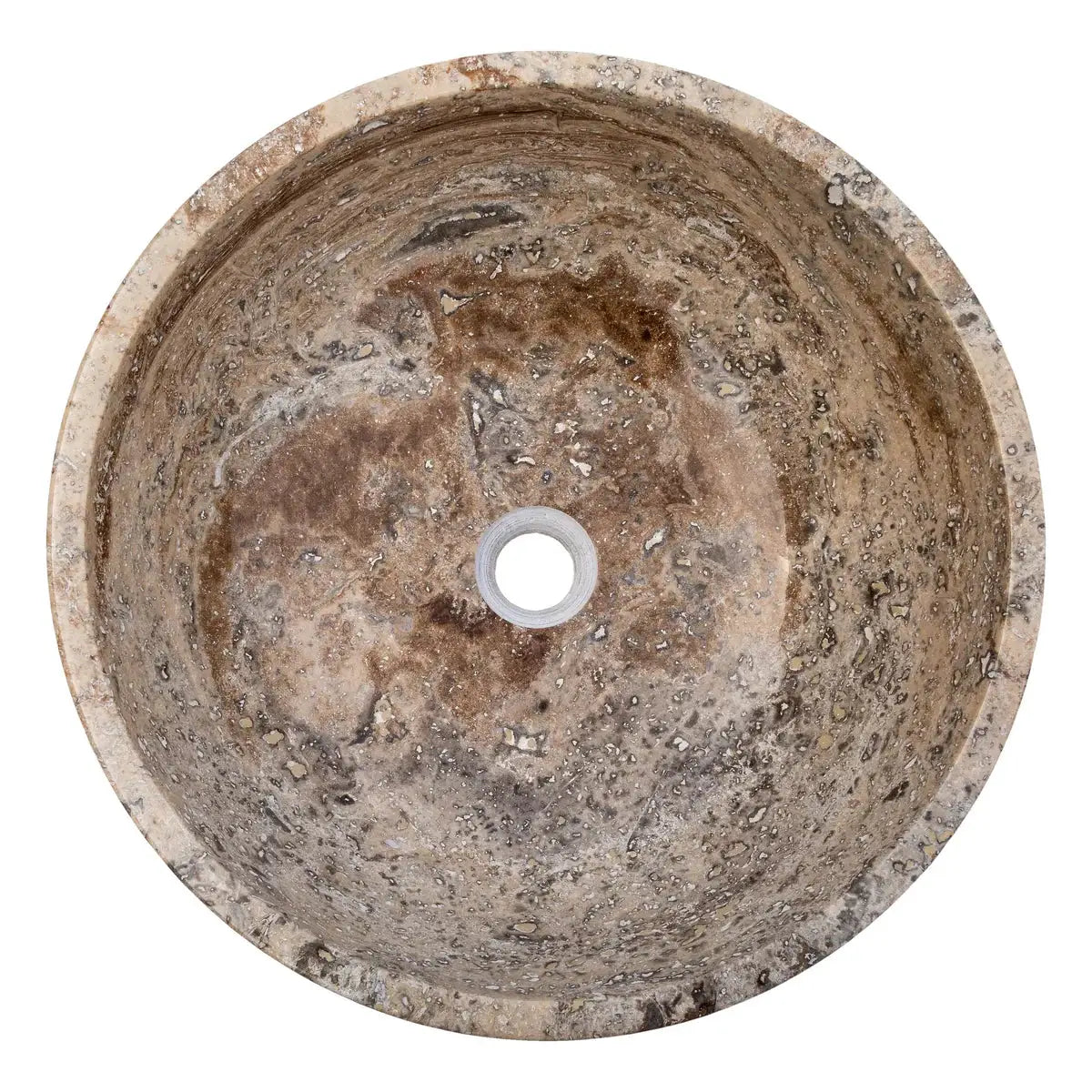 Valencia beige travertine vessel sink, round 16-inch diameter for above-counter bathroom vanity.