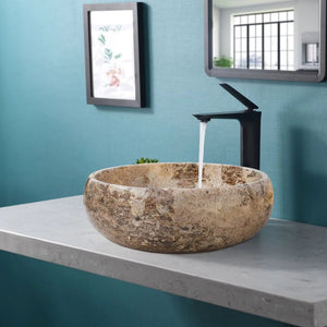 Valencia Travertine natural stone bathroom sink by Villohome, above-vanity vessel with polished finish, 16 in diameter.