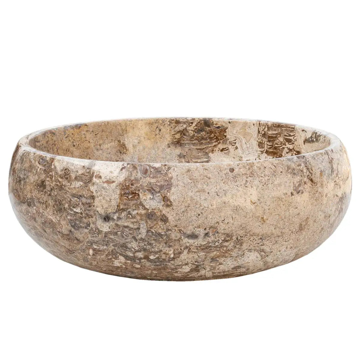 Valencia Travertine natural stone bathroom vessel sink, polished round bowl, Villohome, 16in diameter x 6in high