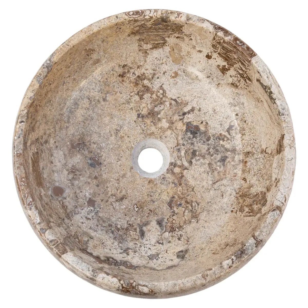 Valencia travertine natural stone bathroom sink by Villohome, round above-counter basin, polished 16" diameter