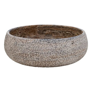 Valencia Travertine round bathroom sink by Villohome; rustic gray exterior with brown interior