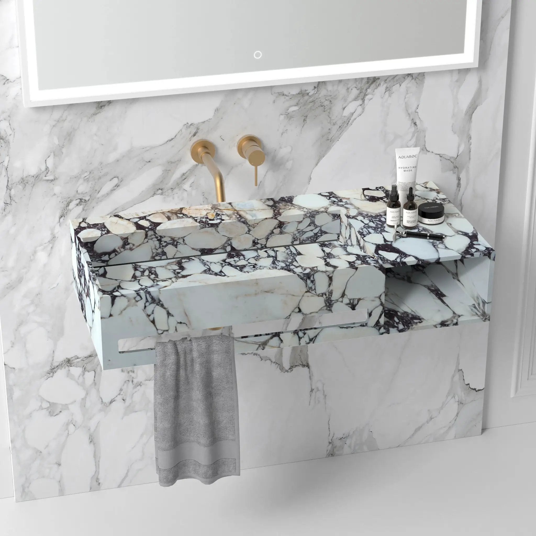 Calacatta Viola marble wall-mount bathroom sink with gold faucet and towel shelf