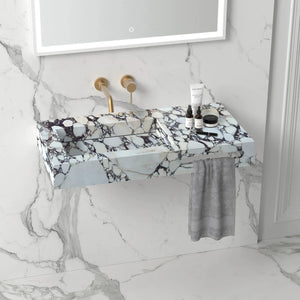 Calacatta Viola marble wall-mount bathroom sink with hidden drain and towel holder; gold fixtures