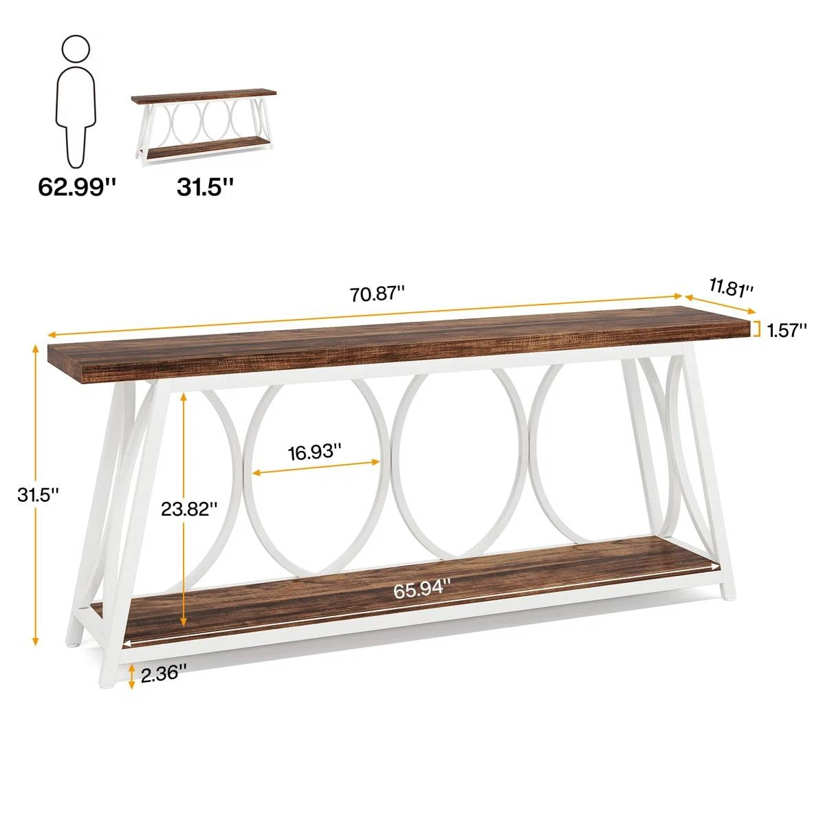 Industrial 70-inch Brown Wood Top Sofa Table with Heavy Duty White Metal Frame