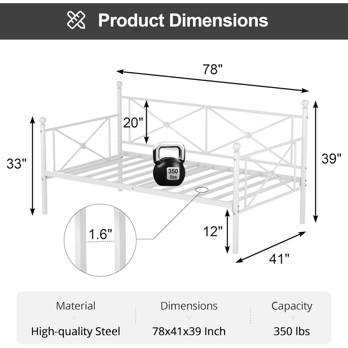Twin size Heavy Duty Metal Daybed Frame in Classic White Finish