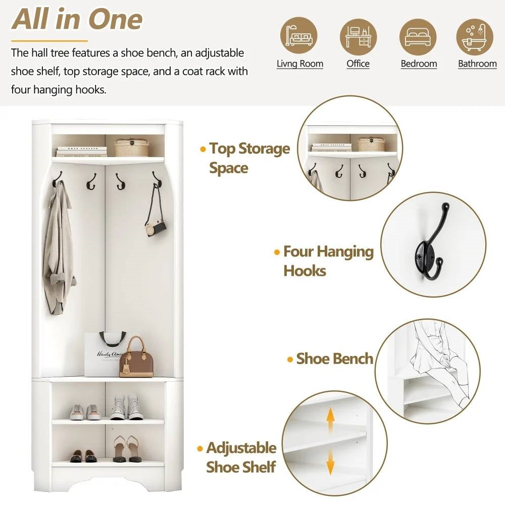 Modern White Corner Hall Tree Coat Rack Entryway Storage Cabinet Shoe Bench