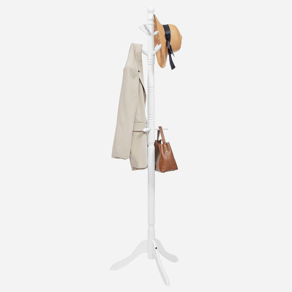 Solid Wood Coat Rack in White Finish with 10 Hooks