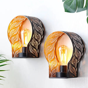 Set of 2 7-inch battery-operated wall sconces by JHY DESIGN with lace-patterned black metal and warm amber glow