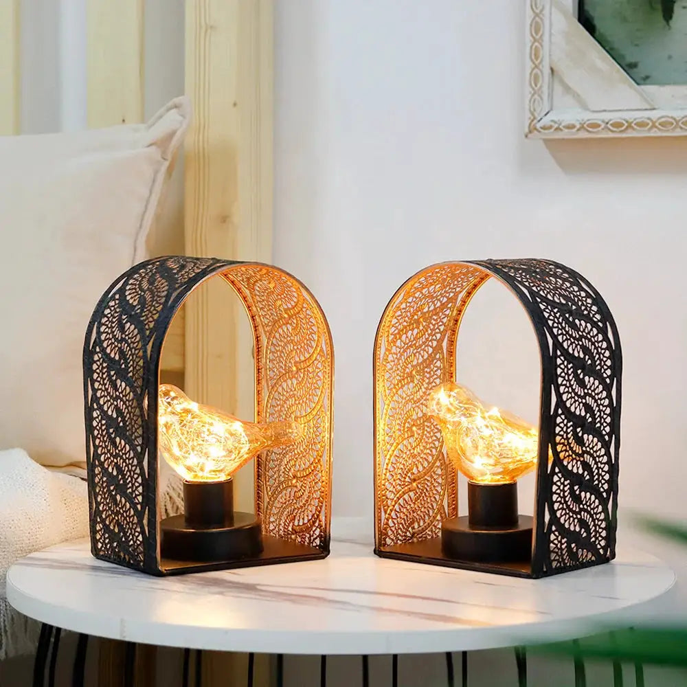 Set of 2 black lace metal battery-operated bird-bulb wall sconces with warm fairy lights