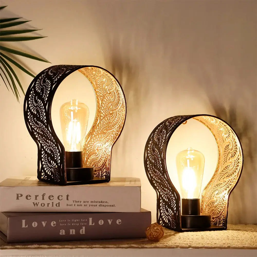 Set of 2 7-inch wall sconce lamps with black lace metal frames and warm Edison bulbs (battery powered).