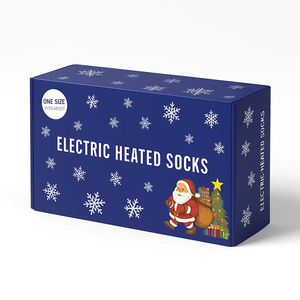 Electric heated socks box in blue with white snowflakes and Santa Claus illustration.