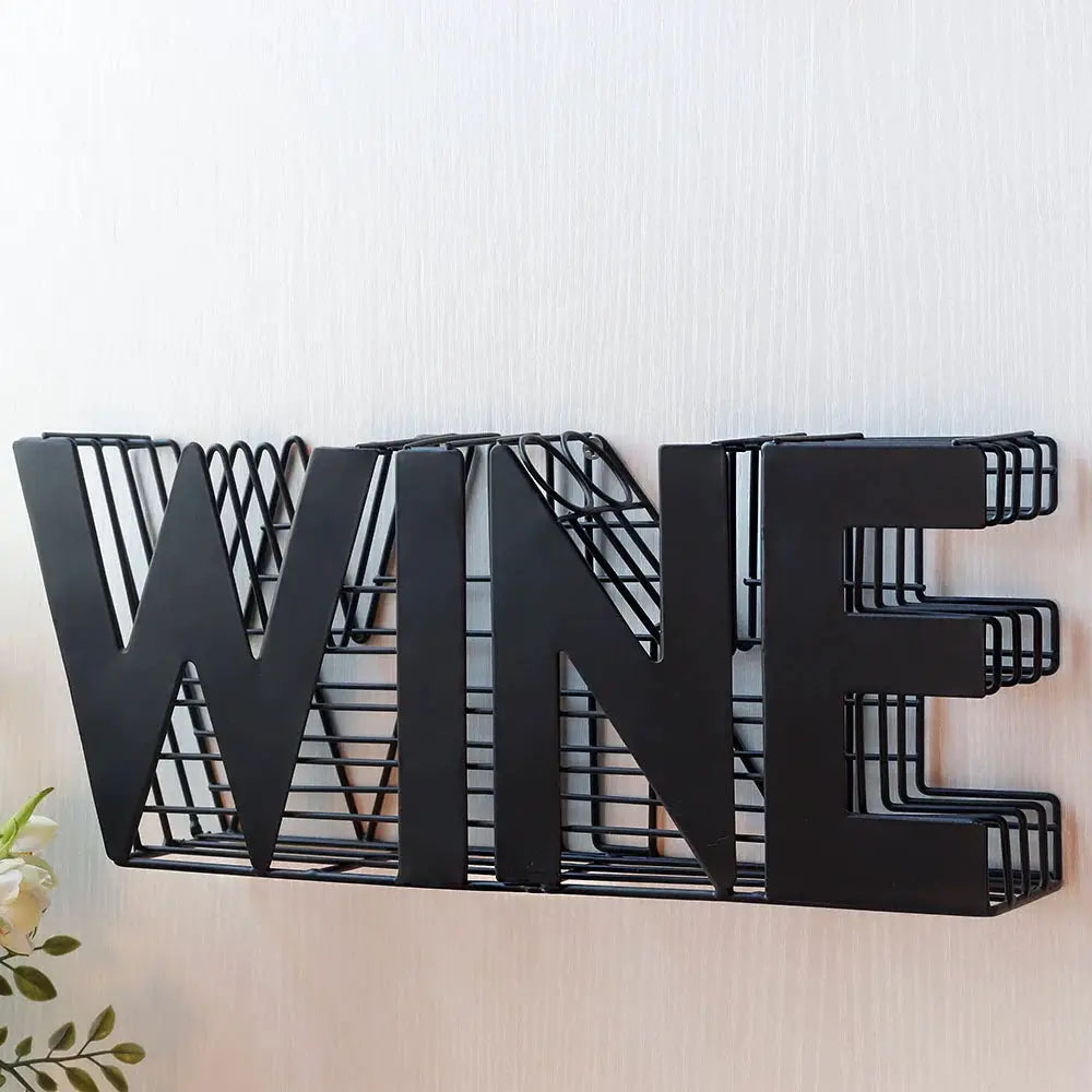 13.5-inch black metal wine cork holder spelling WINE, wall-mounted cork storage