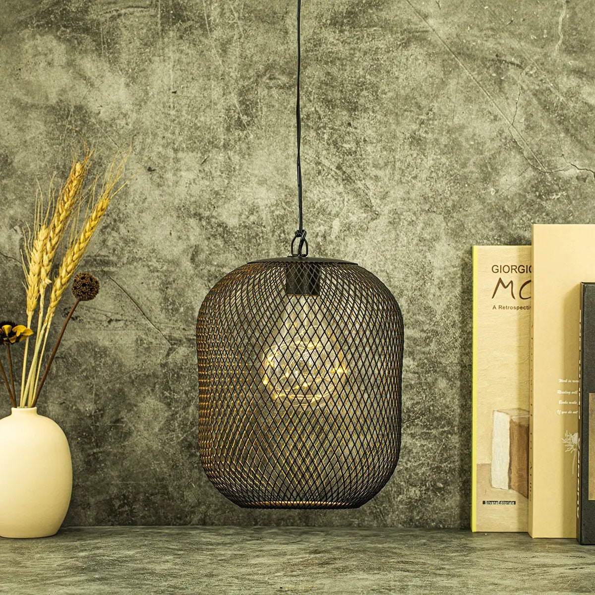 8.5-inch battery-operated hanging lamp with dark metal mesh lantern pendant
