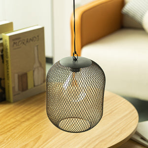 8.5in battery-operated hanging mesh lantern in black metal with exposed bulb