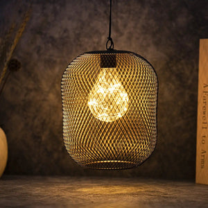 8.5-inch battery-operated hanging mesh lantern, black metal with a warm Edison bulb.