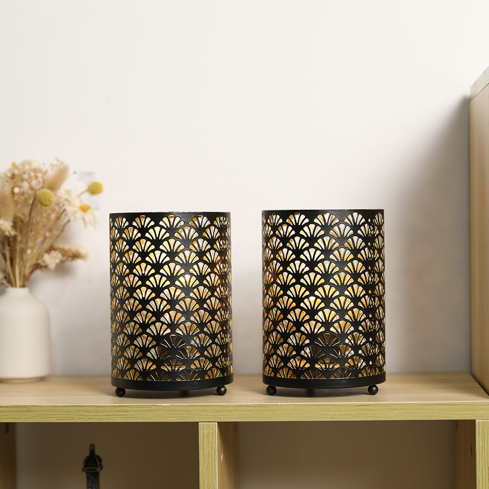 6.5-inch metal table lamp battery lanterns; set of 2, black with decorative perforated pattern, by JHY DESIGN