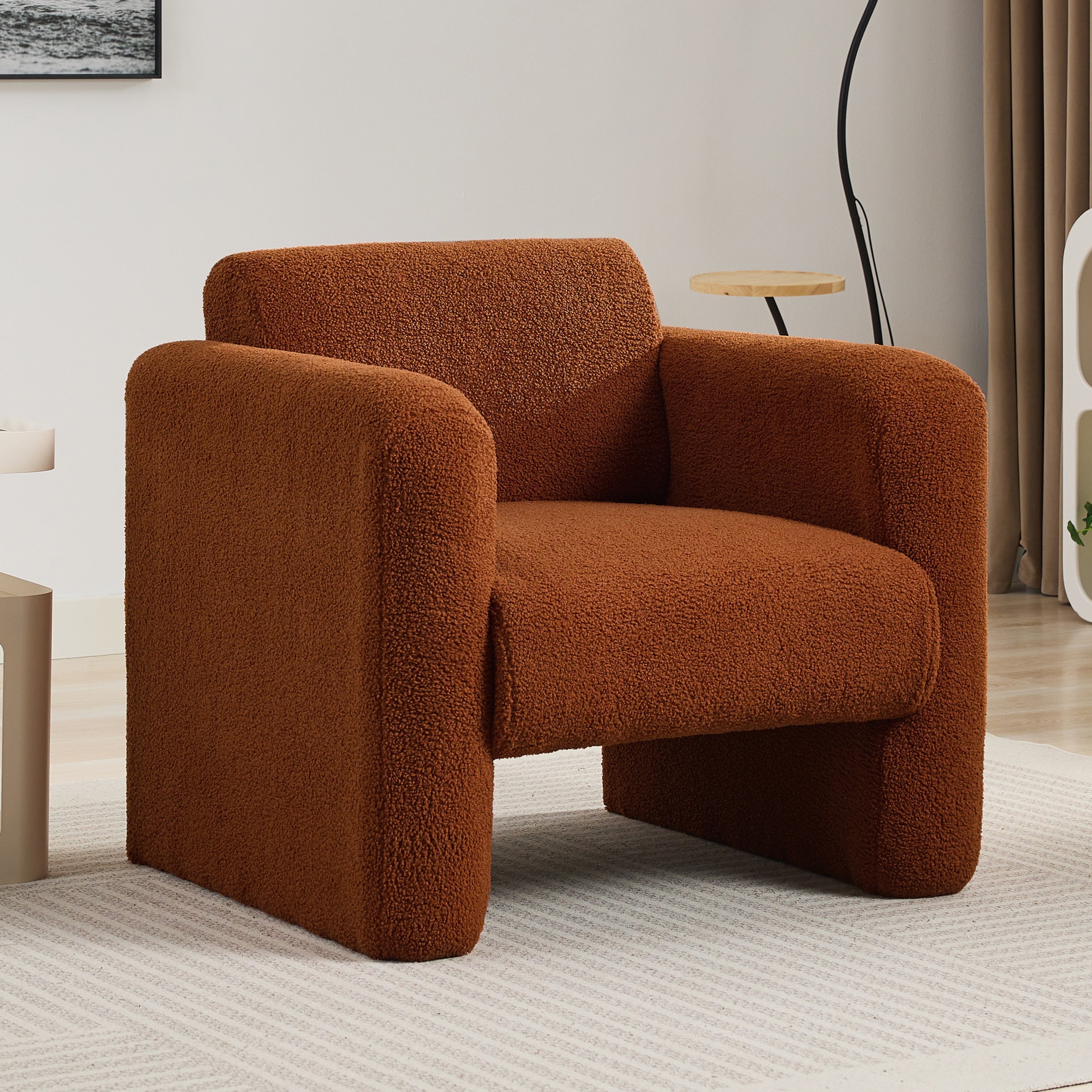 Modern Accent Chair Lambskin Sherpa Fabric Upholstered Comfy Reading Arm Chair Soft Padded Armchair with Back and Pillow for Living Room Bedroom Reception Waiting Room Office,Burnt Orange
