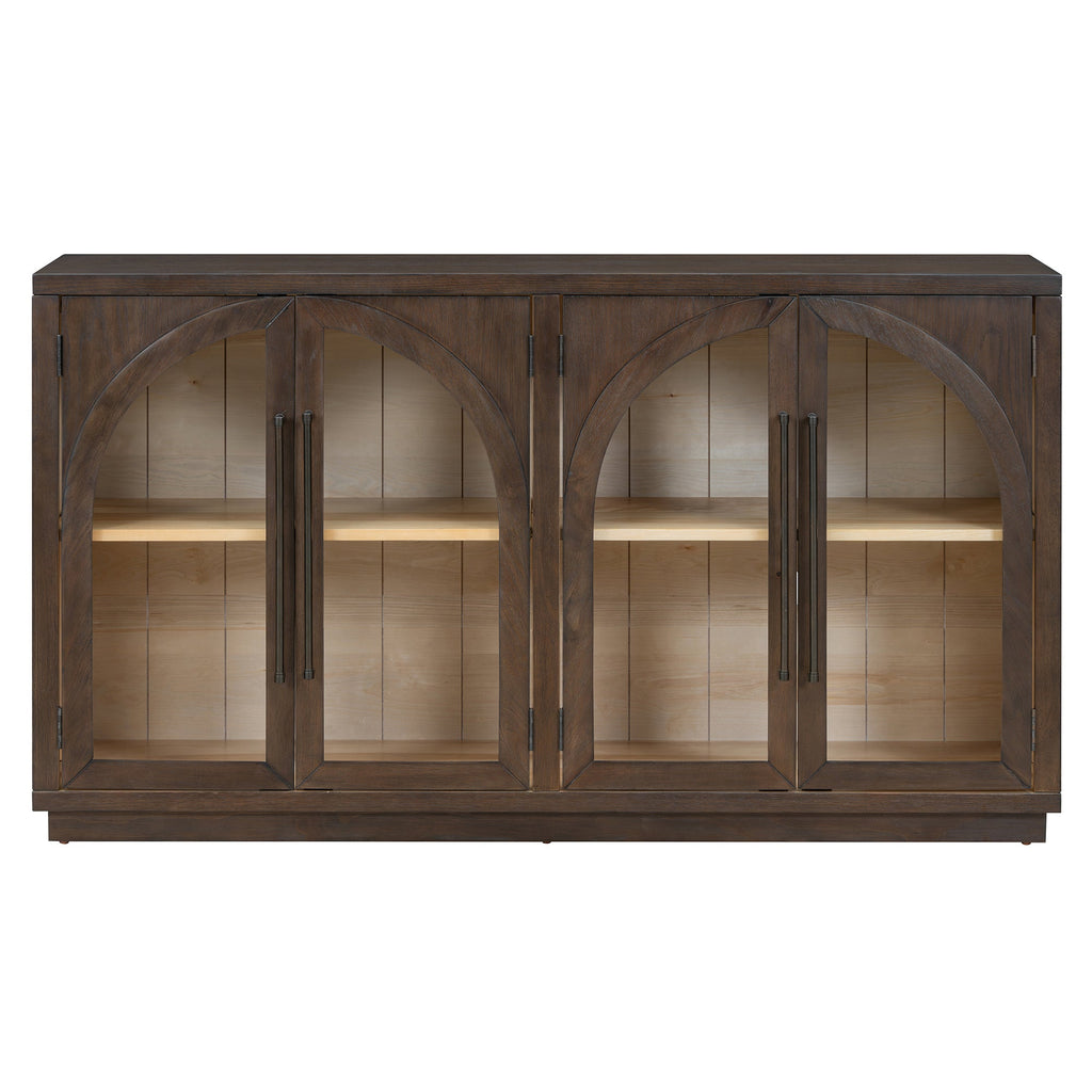 TREXM 4-Door Large Storage Sideboard Buffet Cabinet with Glass Doors, Arched Cabinet with Adjustable Shelves for Kitchen, Dining Room and Living Room (Espresso)