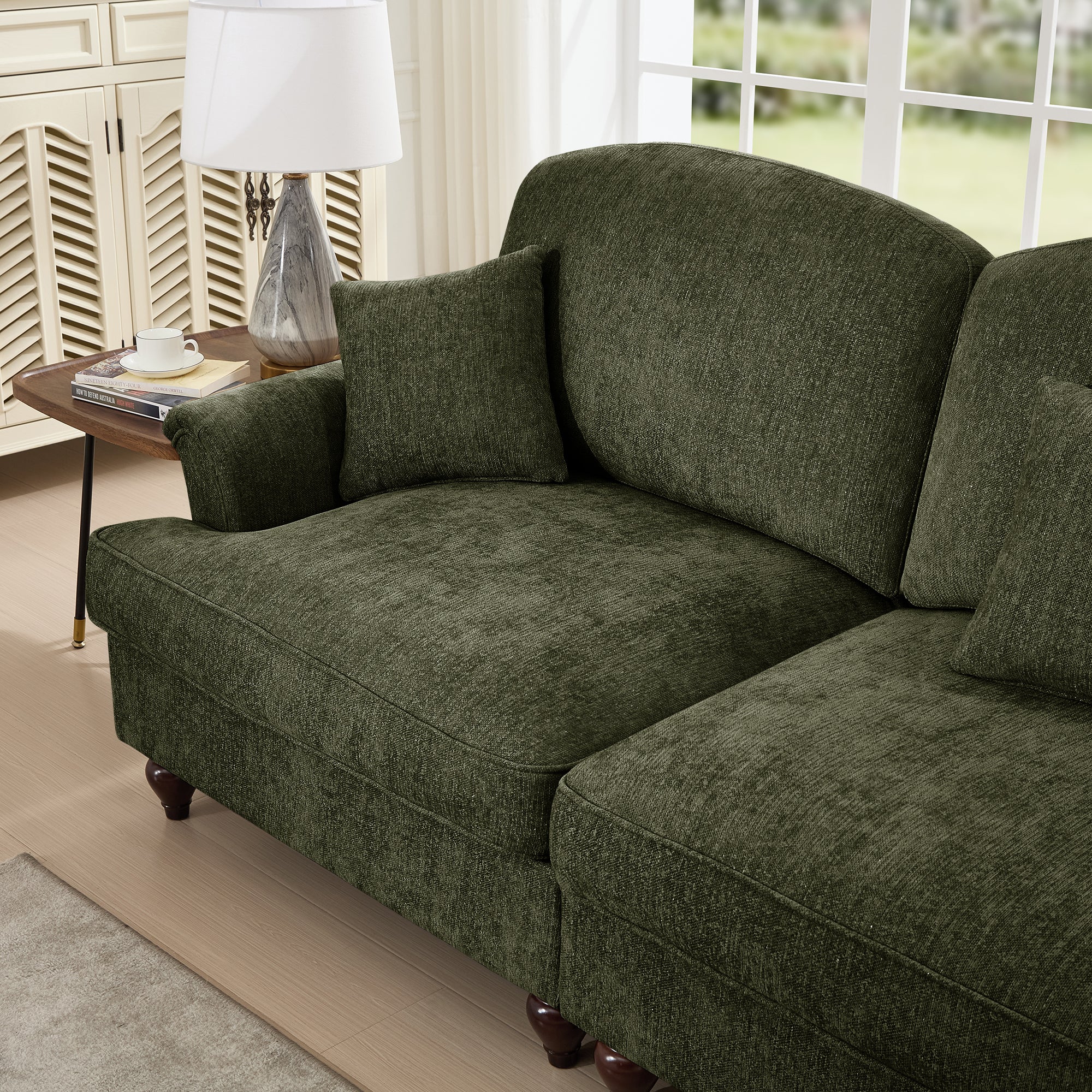 Mid Century Three Seater Modular L Shaped Sectional Couch with Flared Arms and Removable Ruffles Pleats Skirts and Spindle Legs, Comfy Chenille 3-Seat Deep Seat Sofa with Movable Ottoman,Green