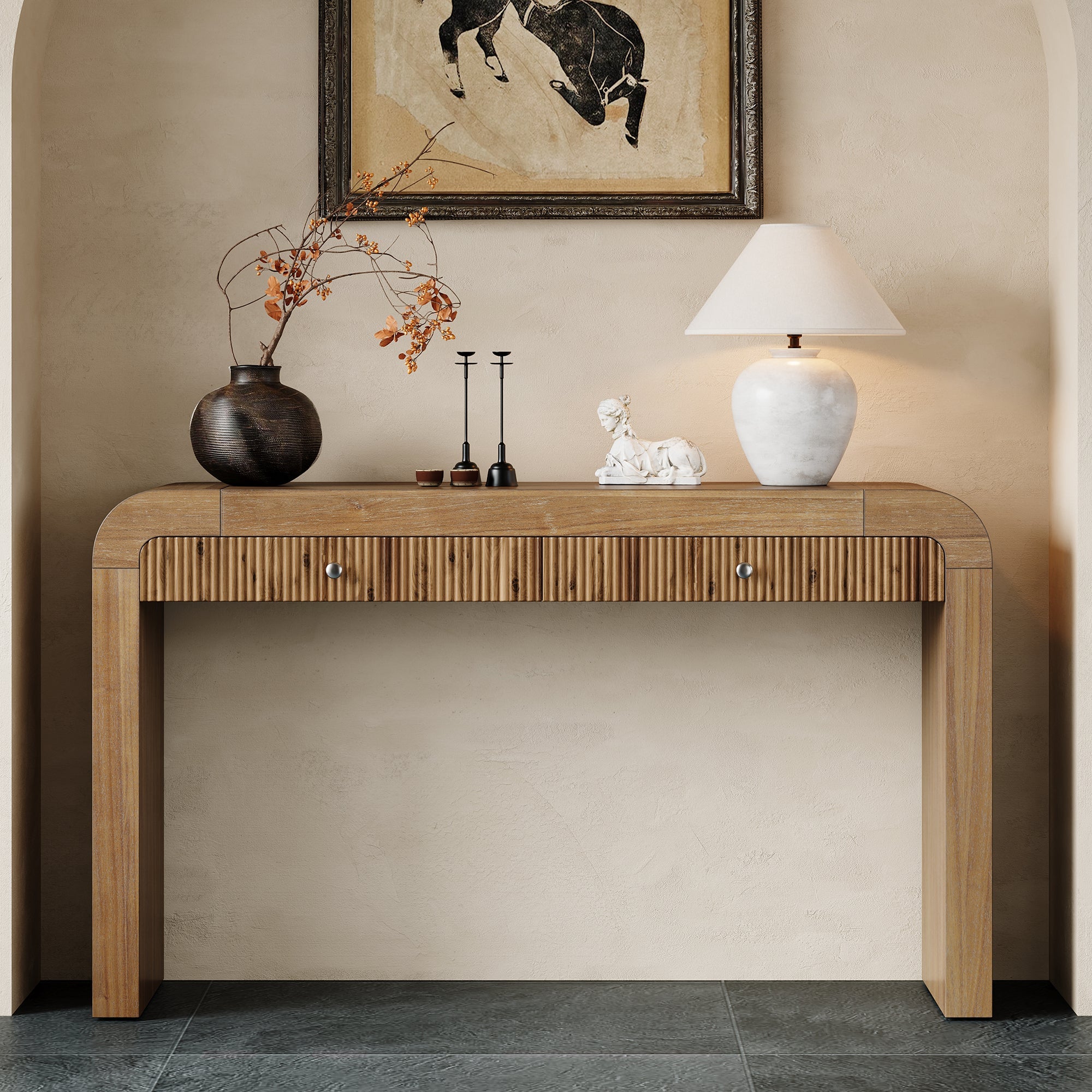 TREXM Rustic Console Table with Fluted Drawer Front, Entryway Table with Curved Corners & Thick Legs, Sturdy Sofa Table for Hallway & Living Room (Natural)
