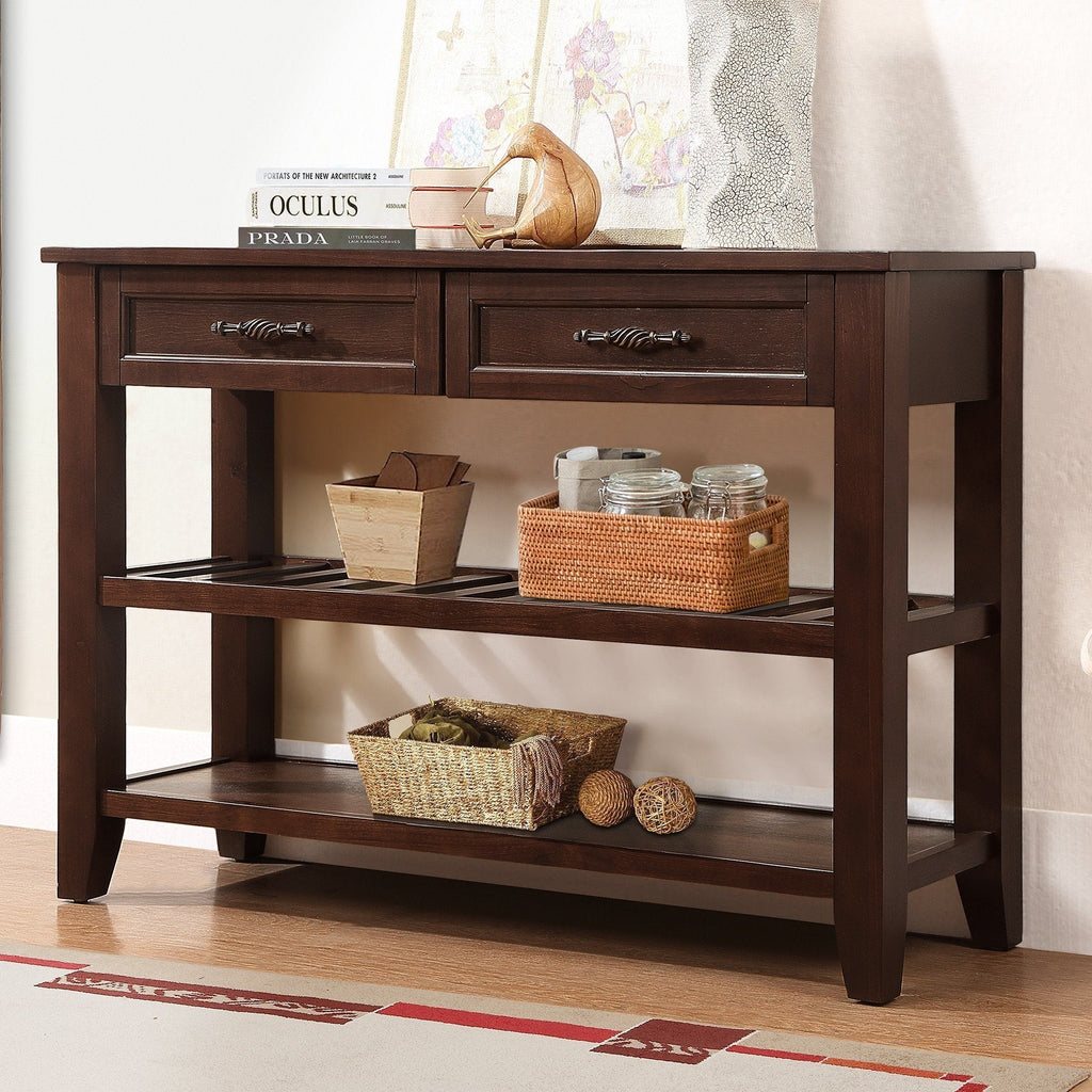 Console Sofa Table with 2 Storage Drawers and 2 Tiers Shelves, Mid-Century Style 42'' Solid Wood Buffet Sideboard for Living Room Furniture Kitchen Dining Room Entryway Hallway, Espresso