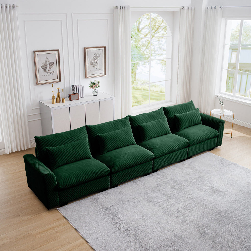4 Seater Deep Seat Couches for Living Room, Comfy Green Corduroy Sofas for Living Room Modern with 4 Waist Pillows