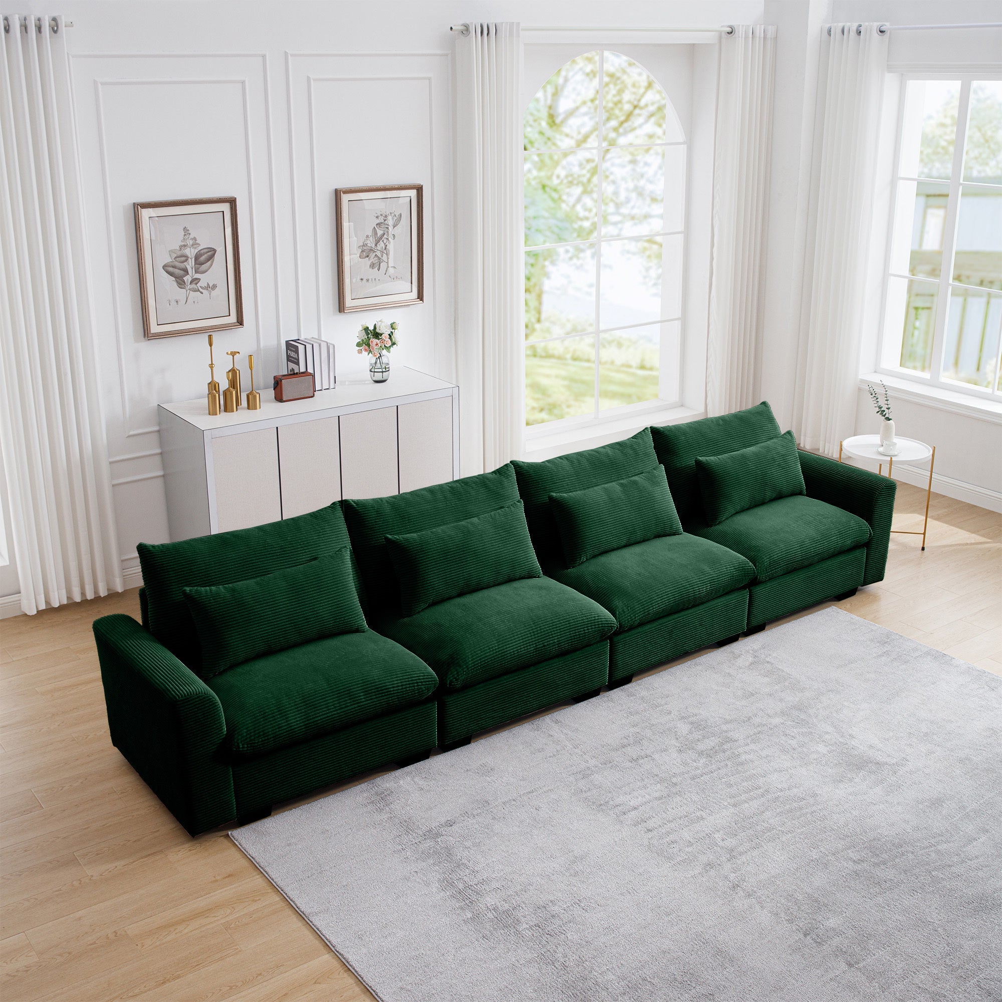 4 Seater Deep Seat Couches for Living Room, Comfy Green Corduroy Sofas for Living Room Modern with 4 Waist Pillows