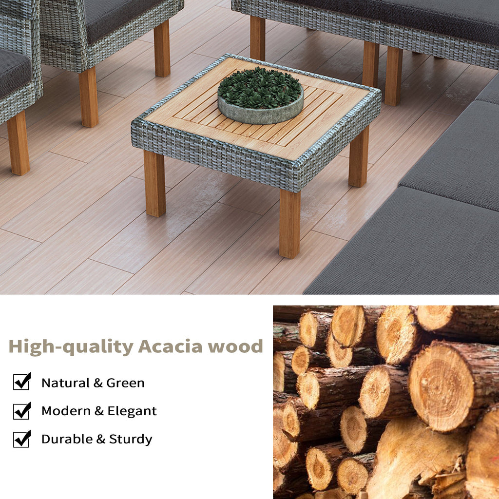 GO 9-Piece Patio Rattan Furniture Set, Outdoor Conversation Set With Acacia Wood Legs and Tabletop, PE Rattan Sectional Sofa Set with Coffee Table, Washable Cushion, Gray