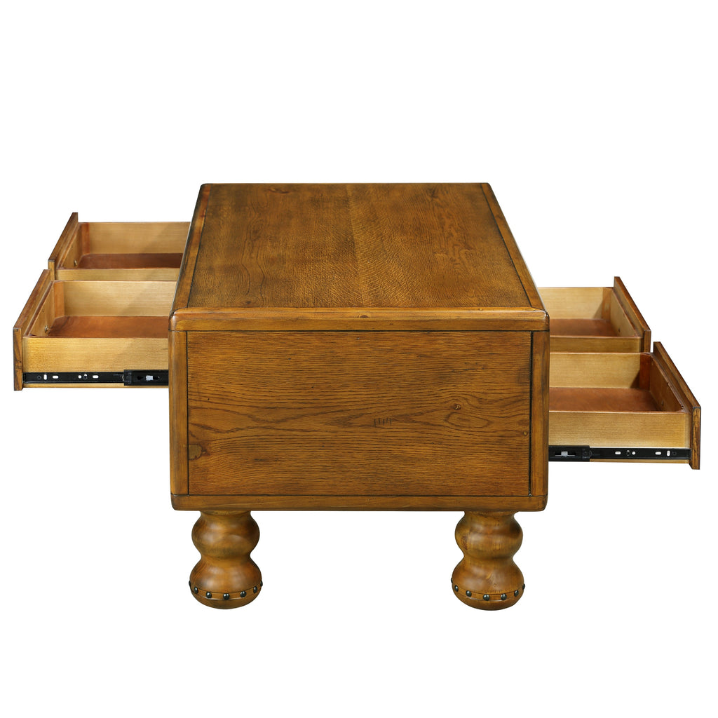 Solid Wood Rectangle Coffee Table for Living Room, 40-Inch Antique Coffee Table with 4 Drawers, Wood Center Table Tea Table with Rivet Decoration Legs.Easy Assembly,  Antique Brown