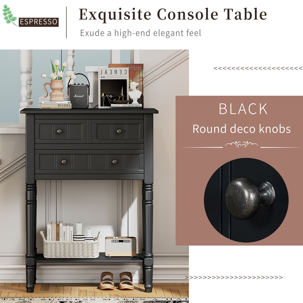 TREXM Narrow Console Table, Slim Sofa Table with Three Storage Drawers and Bottom Shelf (Black)