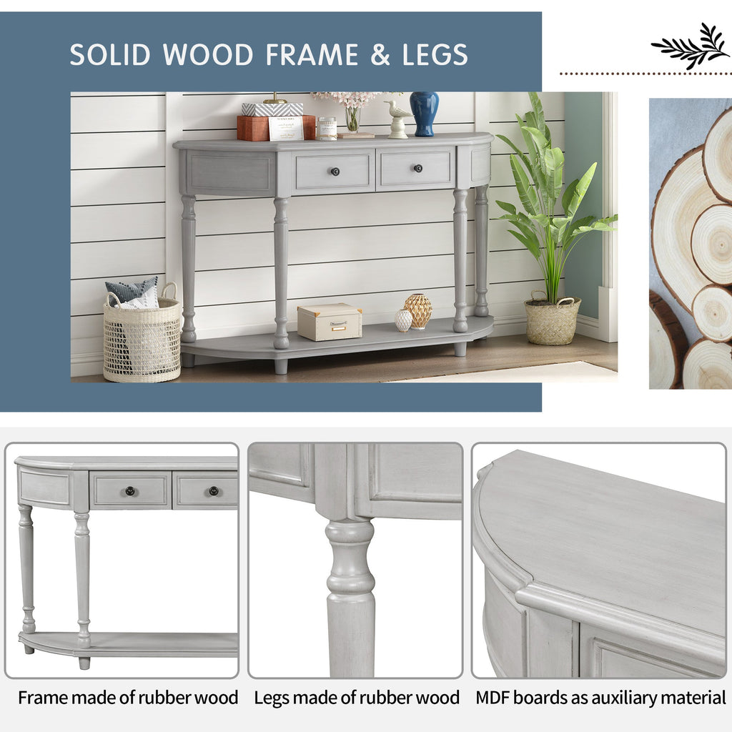 TREXM Retro Circular Curved Design Console Table with Open Style Shelf Solid Wooden Frame and Legs Two Top Drawers (Gray Wash, OLD SKU: WF298768AAE)