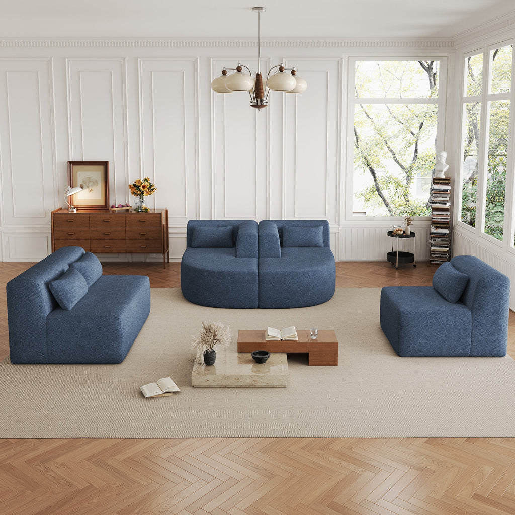 144' Upholstered Sofa Free-combined Sofa Couch with Two Chaise Lounge and Five Back Pillows for Living Room, Blue