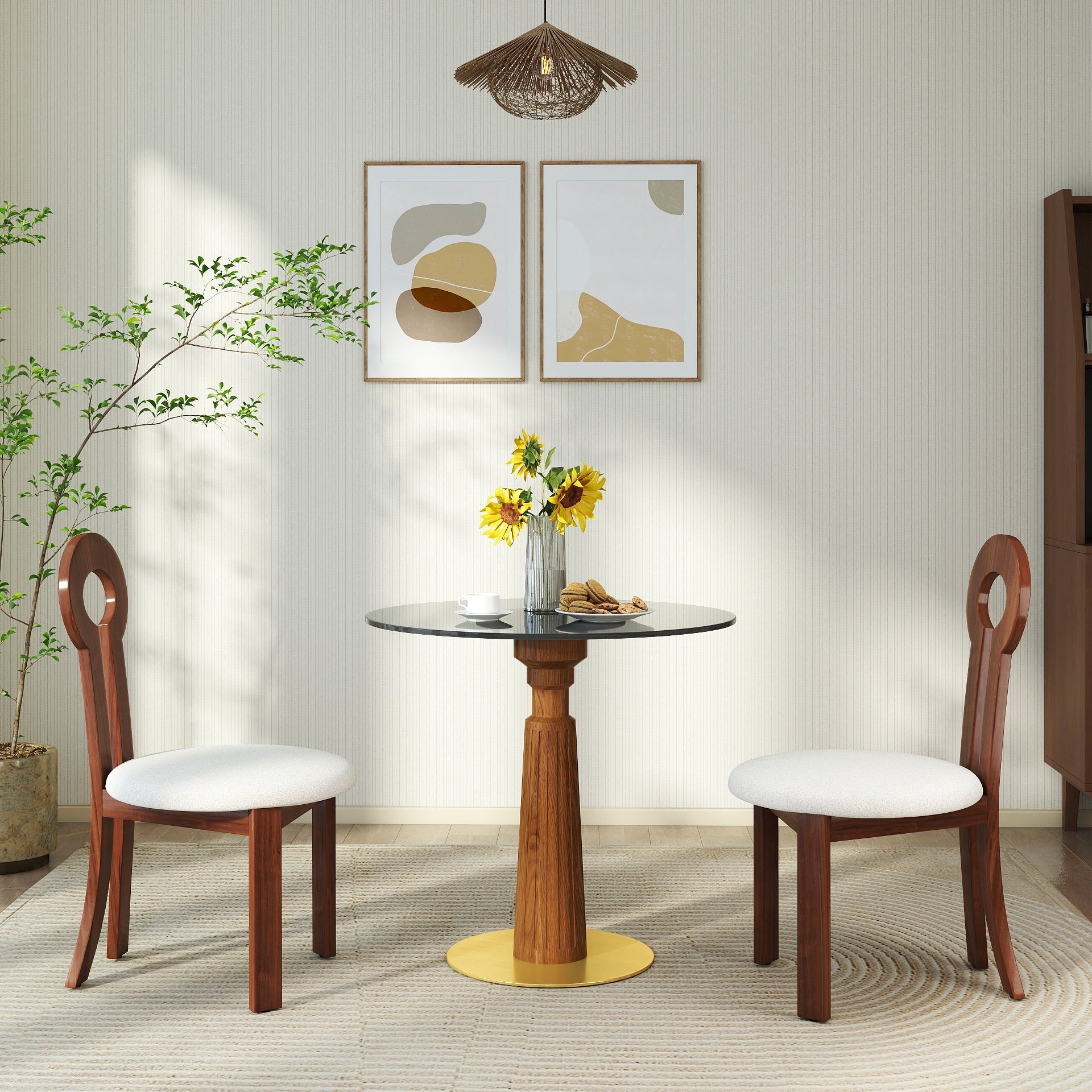 Modern Round Dining Table, 33.5' Tempered Glass Table with Wooden Leg & Gold Base, 2 - Person Kitchen Table for Small Space, 150lbs Weight Capacity(Only the Negotiation Table)