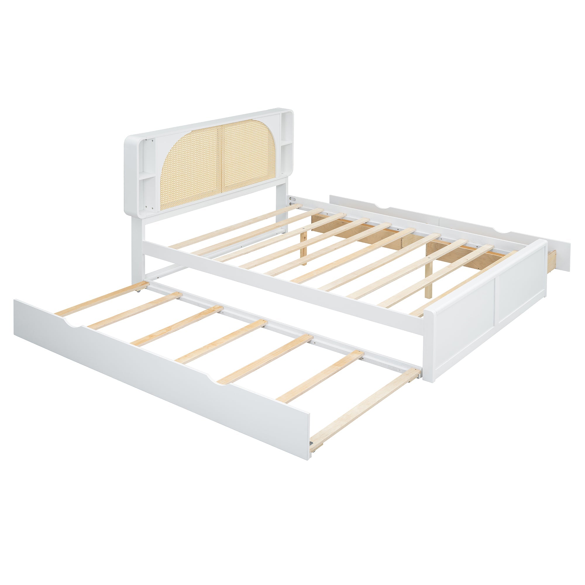 Queen Size Rattan Headboard Bed with Two Drawers and Trundle, White