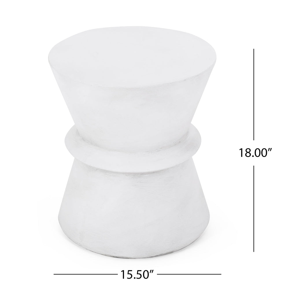 Outdoor Lightweight Concrete End Table with Hourglass Structure, Antique White