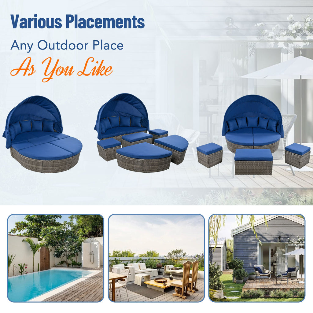 GO Outdoor rattan daybed sunbed with Retractable Canopy Wicker Furniture, Round Outdoor Sectional Sofa Set, Gray Wicker Furniture Clamshell Seating with Washable Cushions, Backyard, Porch, Blue