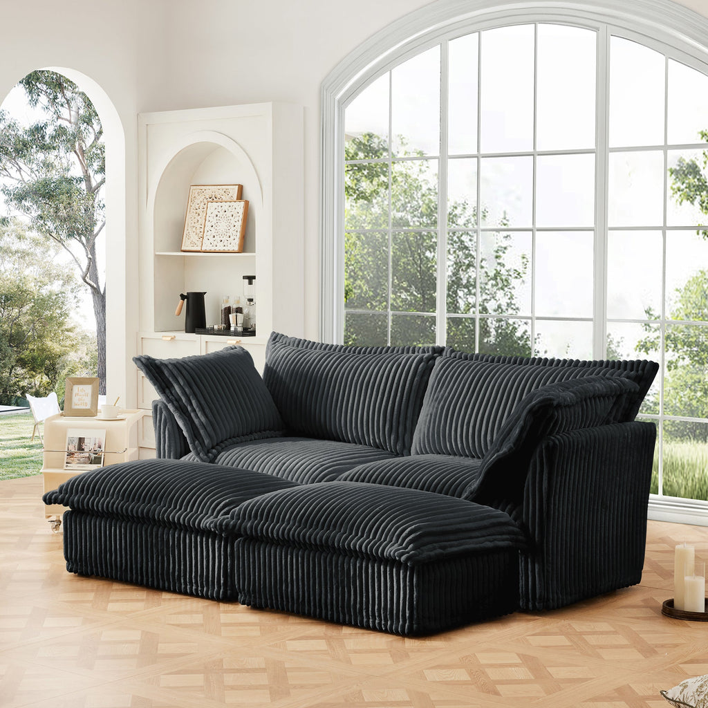 Slipcovered Sofa 2 Seater Sofa    With 2 Ottomans, 2 Seater Sleeper Sofa Bed Home Theater Oversized Sofa For Living Room, Corduroy, Gray