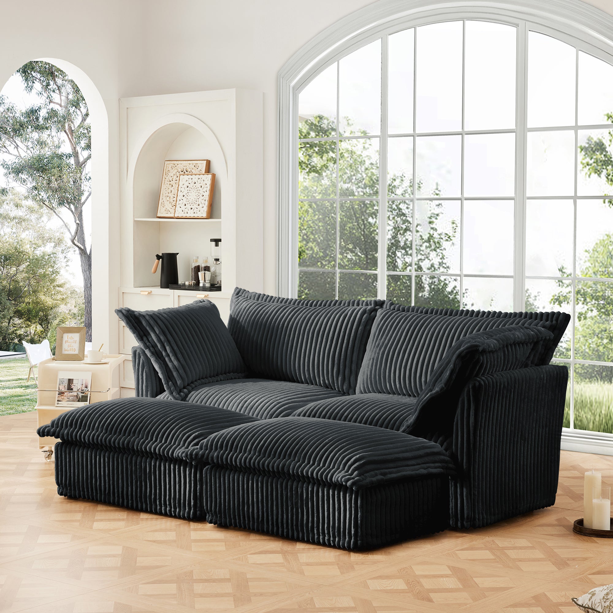 Slipcovered Sofa 2 Seater Sofa    With 2 Ottomans, 2 Seater Sleeper Sofa Bed Home Theater Oversized Sofa For Living Room, Corduroy, Gray