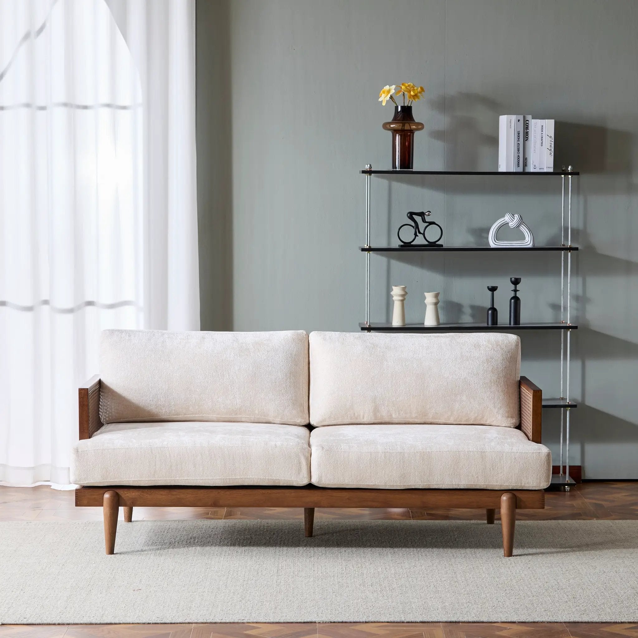 EMIR 72' Square Arm 3-Seater Sofa with Cane Rattan and Wooden Frame,Walnut,,Living Rooms,Bedrooms,Apartment Office