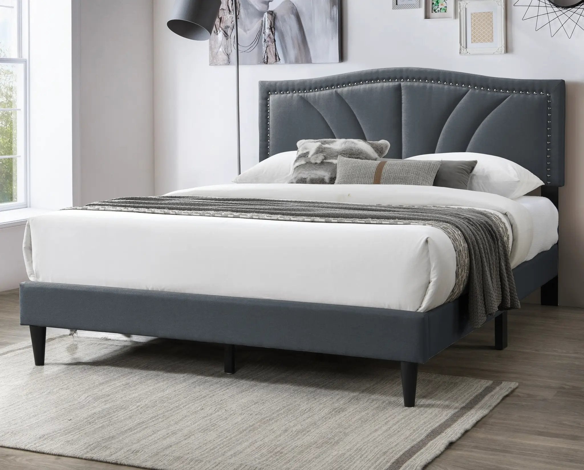 Modern Vintage Look 1pc Queen Size Bed Charcoal Burlap Fabric Nailhead Trim Accents Headboard Bedframe