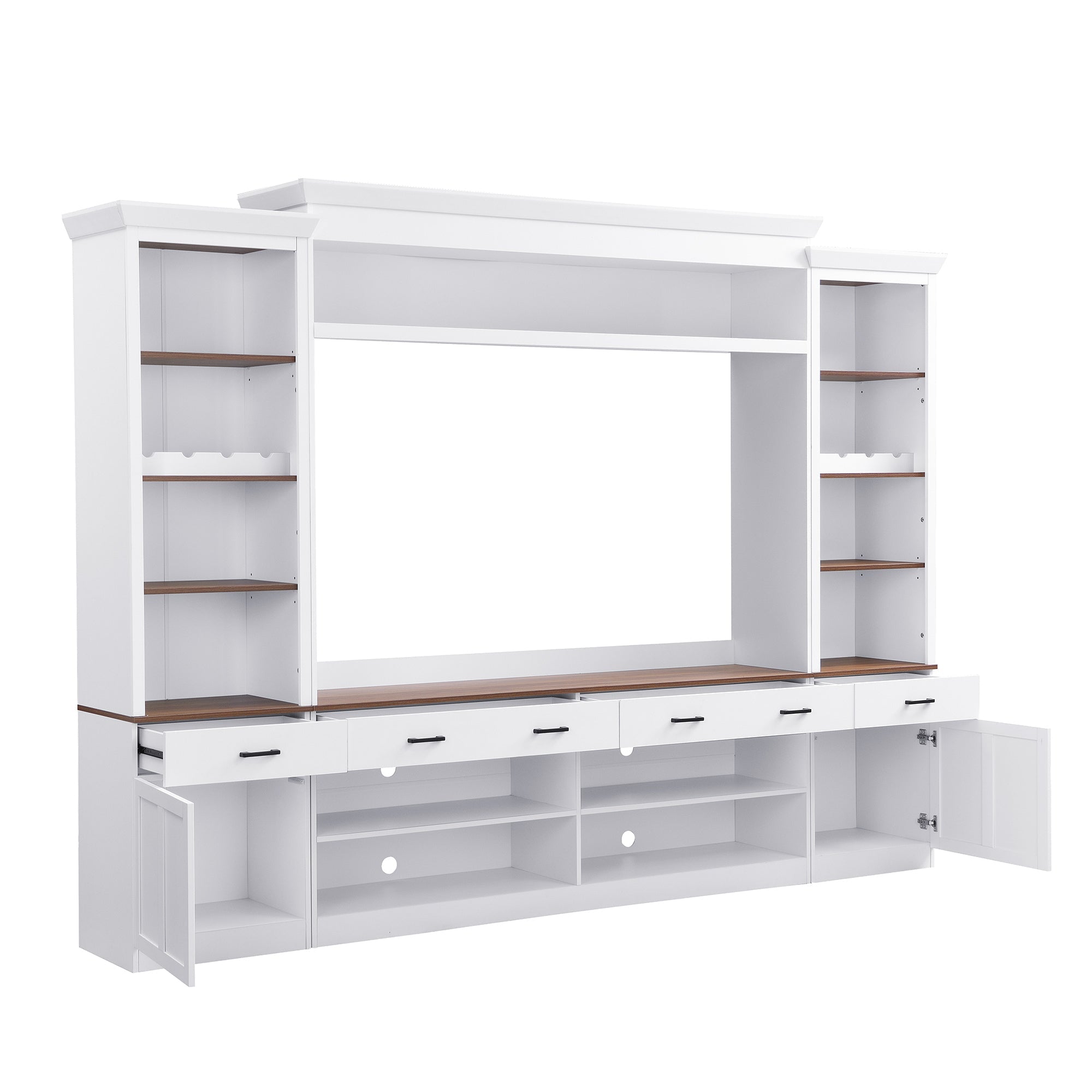 ON-TREND Farmhouse 4-Piece Entertainment Wall Unit Set with Bookshelf for TVs Up to 70', Walnut TV Stand with Adjustable Shelves, Mid-Century Large Media Console with Wine Rack for Living Room, White