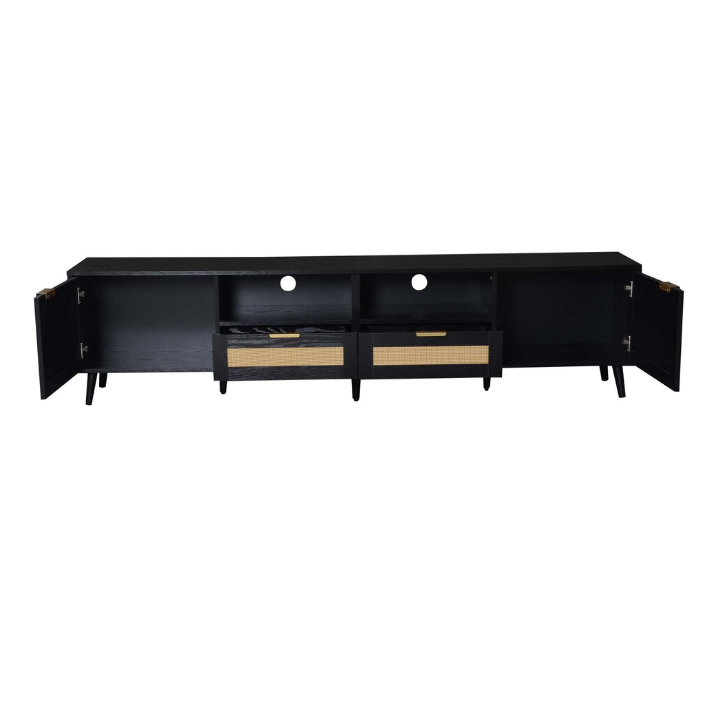 Rattan TV Stand for TVs up to 85'', Modern Farmhouse Media Console, Entertainment Center with Solid Wood Legs, TV Cabinet for Living Room,Home Theatre