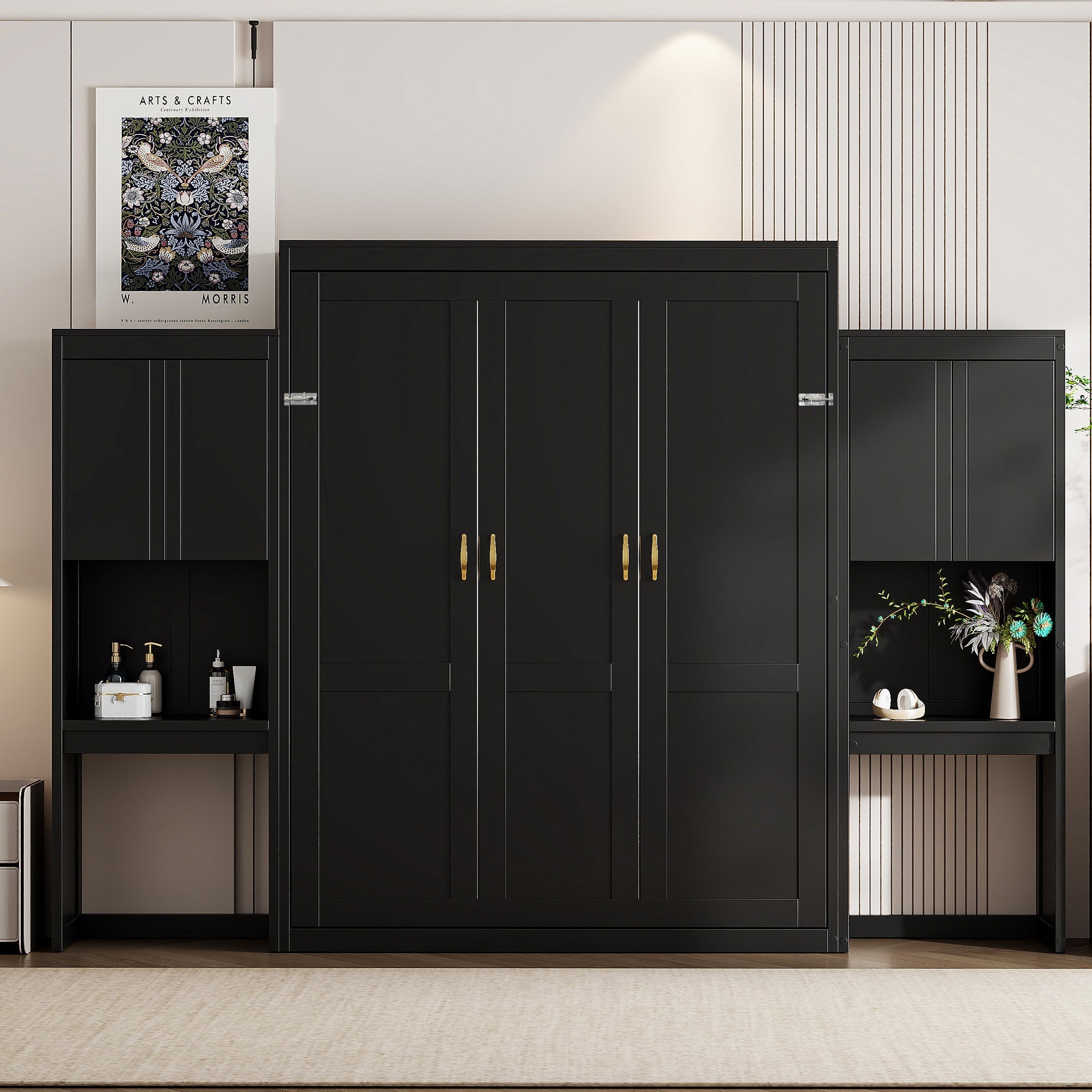 Queen Size Murphy Bed with Desk, Vanity and Cabinets, Espresso(OLD SKU: N820S00057P)